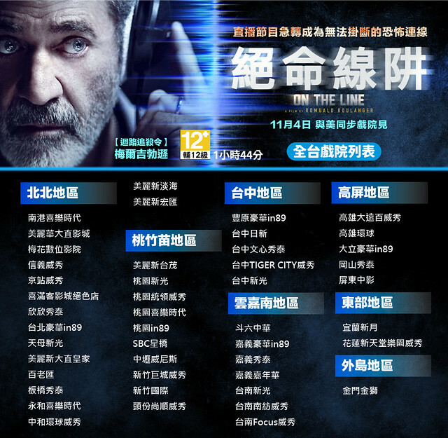 The movie posters & stills of US movie 《絕命線阱 》 ( On the Line) will be launching  from Nov 14, 2022 onwards in Taiwan.