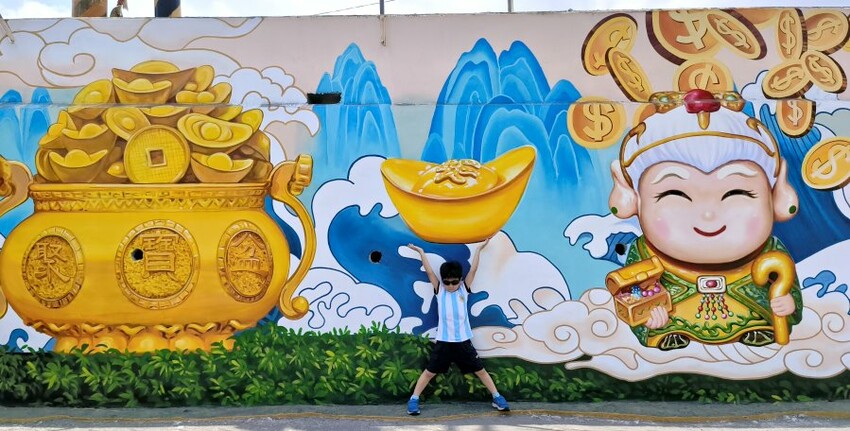 【財神廟】桃園海福宮.最新敲金磚、接超大金塊彩繪牆!