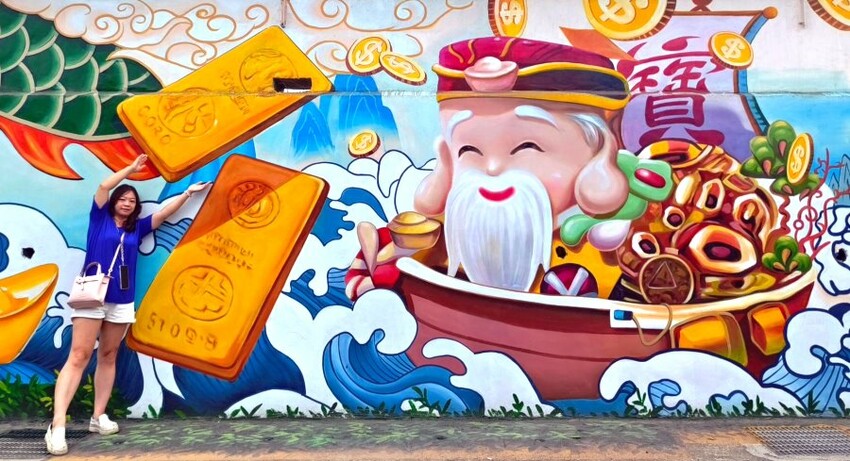 【財神廟】桃園海福宮.最新敲金磚、接超大金塊彩繪牆!