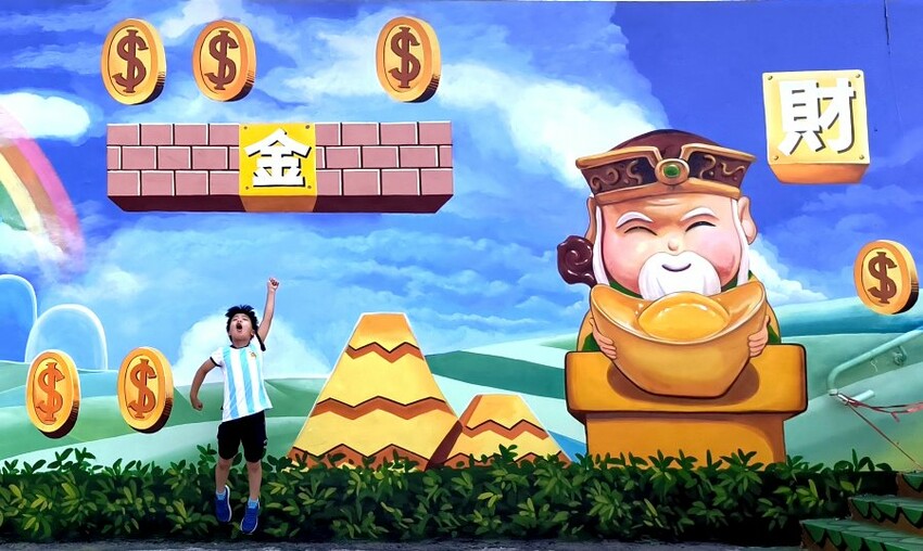 【財神廟】桃園海福宮.最新敲金磚、接超大金塊彩繪牆!