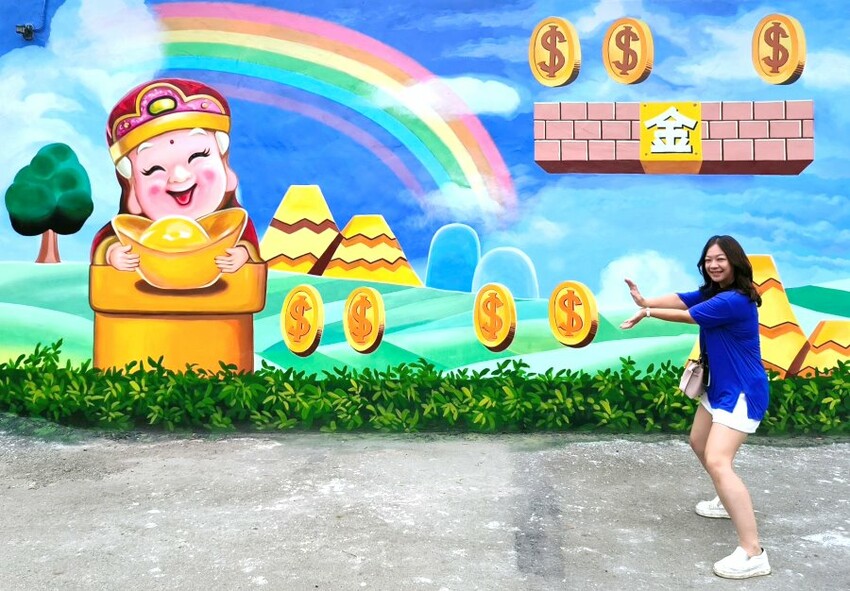 【財神廟】桃園海福宮.最新敲金磚、接超大金塊彩繪牆!