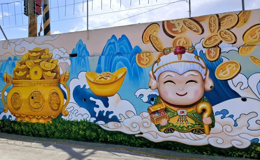 【財神廟】桃園海福宮.最新敲金磚、接超大金塊彩繪牆!