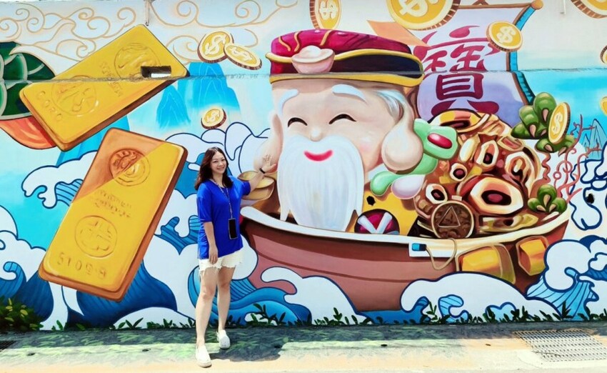 【財神廟】桃園海福宮.最新敲金磚、接超大金塊彩繪牆!