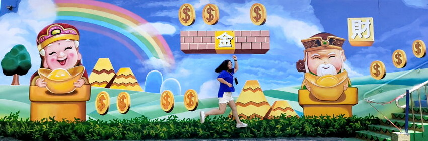 【財神廟】桃園海福宮.最新敲金磚、接超大金塊彩繪牆!