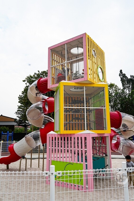 台中市新社區台中新社|山城首座6.3米高櫻花主題溜滑梯開放使用,櫻花特色共融遊戲場,櫻花季賞花最佳去處|新社復盛公園