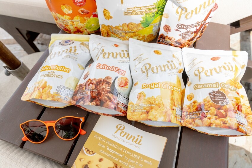 泰國泰國伴手禮推薦｜Pennii Popcorn～曼谷才吃得到冬蔭功口味爆米花，竟然整隻蝦在裡面！榴槤與鹹蛋黃口味也很