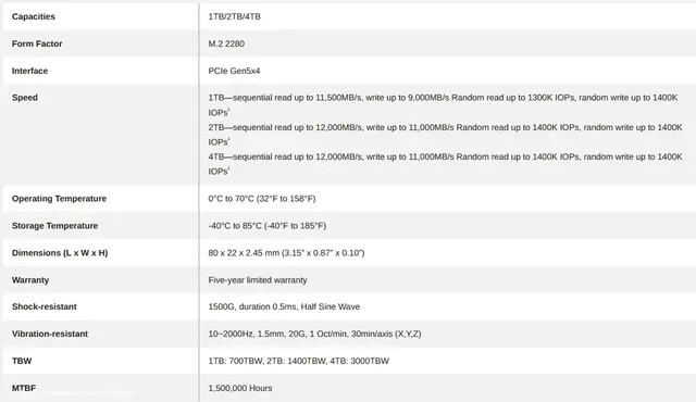 雷克沙Lexar NM1090 PCle Gen5 NVMe M.2 SSD規格
