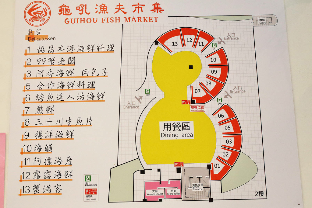 全新龜吼漁夫市集，一樓32攤生鮮攤位、二樓12家代客料理餐廳