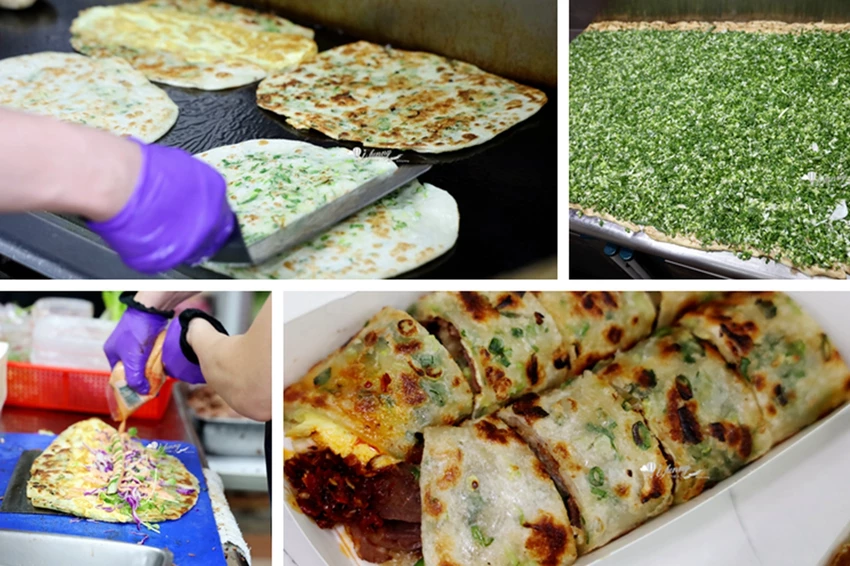 松山站 | 饒河夜市 蔥海手工蔥油餅 有如蔥花地毯的蔥爆牛肉捲餅 必加辣椒