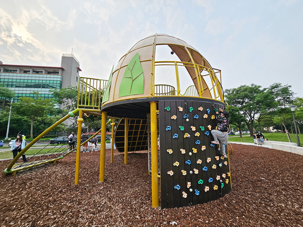 新竹縣竹北市【新竹特色公園】大王花主題遊戲場~竹北兒22公園｜大王花造型遊具｜繩索探險區｜超長綠色水管溜滑梯｜小竹繪本系列