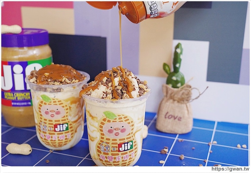 台中首間JIF聯名花生冰沙，現點現打吃得到脆皮顆粒，還有夢幻天使牆！