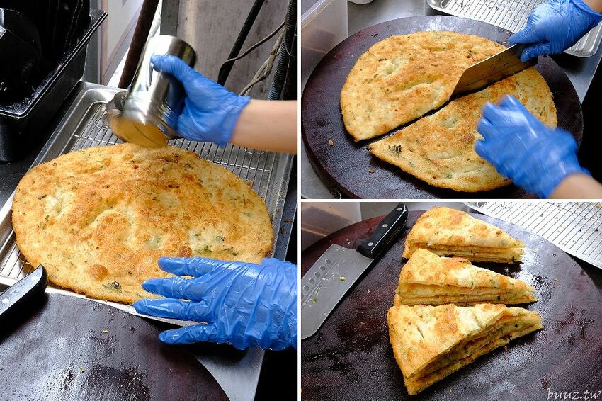 傳統工法揉製麵糰，王天津正宗蔥油餅王，蔥油餅層層堆疊出香Q薄脆滋味！