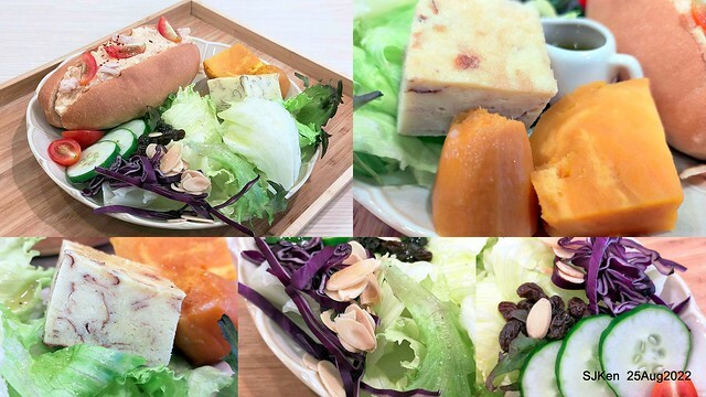 「山茶咖啡」--- 「番茄鮪魚口味蛋沙拉麵包 + 綜合沙拉 + 玉子燒 + 地瓜 +金萱茶」(Breakfast bread with tomato & tuna at Suncha coffee shop), Taipei, Taiwan, SJKen, Aug 25, 2022.