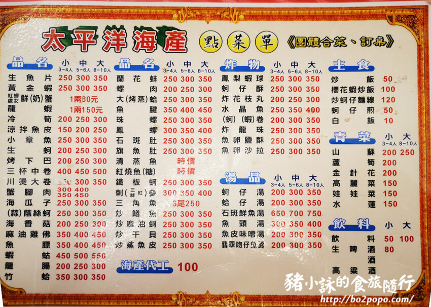 嘉義。布袋》太平洋海產【魚市場 A16】。門口價目跟菜單不完全一樣