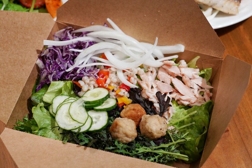 這是我吃過最大盤的溫沙拉！外帶溫沙拉3種蛋白質搭5種配料超澎湃，160元丼飯滿到看不到藜麥飯