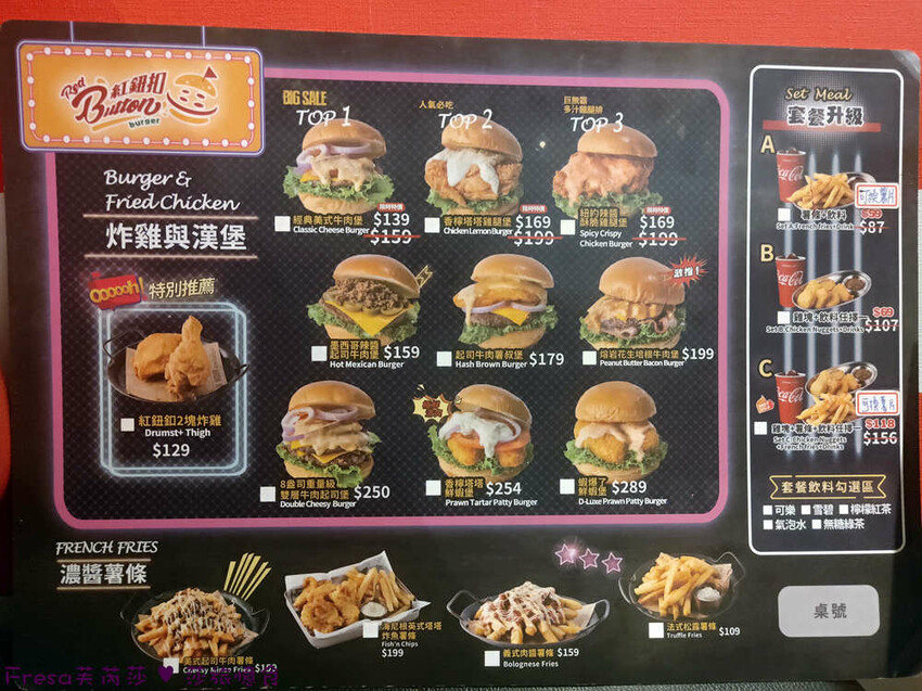 屏東縣屏東市屏東漢堡【紅鈕釦美式餐廳】桌邊淋上起士醬雞腿堡鐵板滋滋響超罪惡！內用汽水爆米花霜淇淋無限暢食│屏東炸