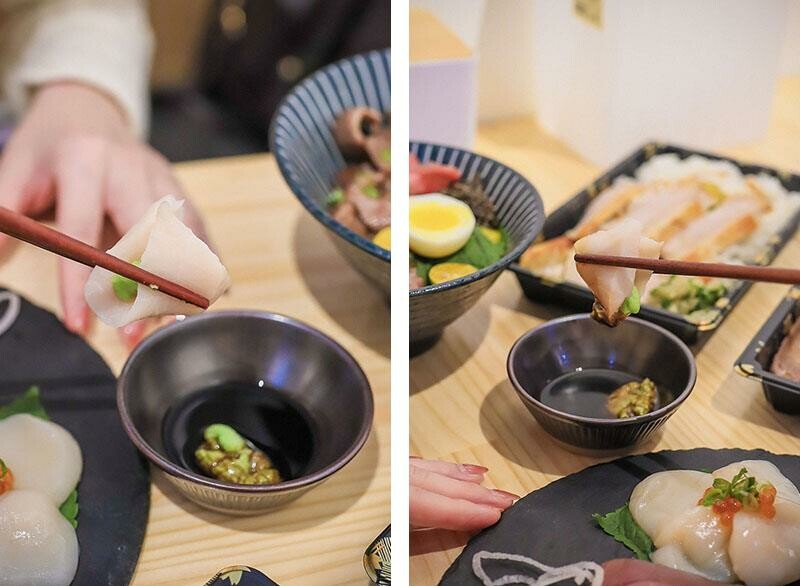 竹北尚羽水產 $99吃牛舌便當 店內品嘗生魚片，鮮凍南美生白蝦、2S等級生食級干貝，還有秋田牛、知床牛等多種和牛肉品販售