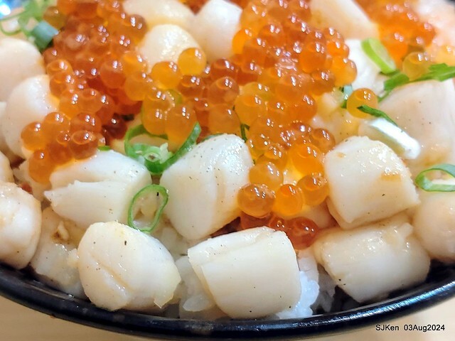 Braised Rice with Pork and Soy Sauce, Shrimp, Scallops and salmon roe of restaurant at East door market,  Hsinchu city, North Taiwan, SJKen  , Aug 3, 2024.