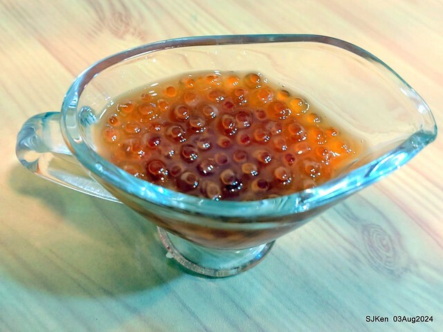 Braised Rice with Pork and Soy Sauce, Shrimp, Scallops and salmon roe of restaurant at East door market,  Hsinchu city, North Taiwan, SJKen  , Aug 3, 2024.