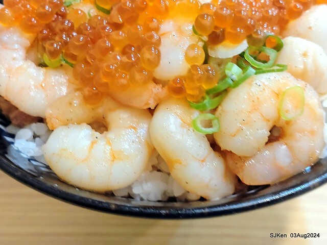 Braised Rice with Pork and Soy Sauce, Shrimp, Scallops and salmon roe of restaurant at East door market,  Hsinchu city, North Taiwan, SJKen  , Aug 3, 2024.