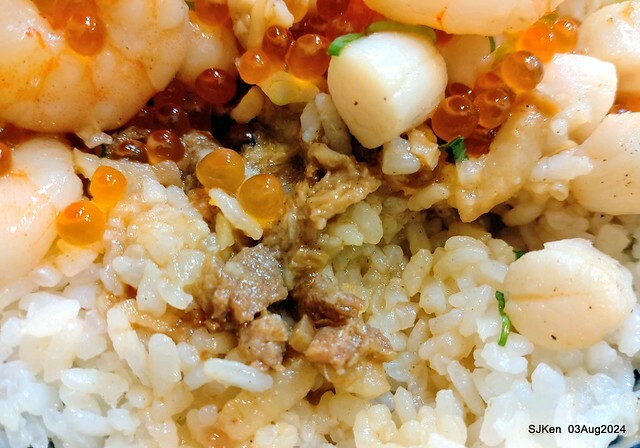 Braised Rice with Pork and Soy Sauce, Shrimp, Scallops and salmon roe of restaurant at East door market,  Hsinchu city, North Taiwan, SJKen  , Aug 3, 2024.