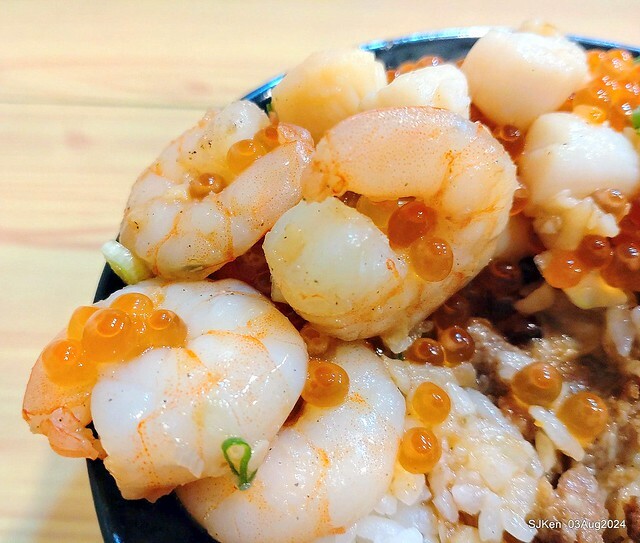 Braised Rice with Pork and Soy Sauce, Shrimp, Scallops and salmon roe of restaurant at East door market,  Hsinchu city, North Taiwan, SJKen  , Aug 3, 2024.