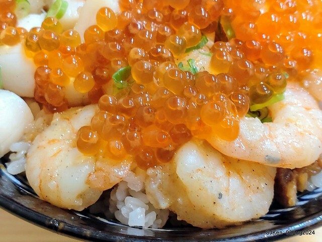 Braised Rice with Pork and Soy Sauce, Shrimp, Scallops and salmon roe of restaurant at East door market,  Hsinchu city, North Taiwan, SJKen  , Aug 3, 2024.