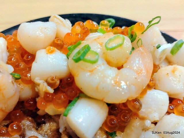Braised Rice with Pork and Soy Sauce, Shrimp, Scallops and salmon roe of restaurant at East door market,  Hsinchu city, North Taiwan, SJKen  , Aug 3, 2024.