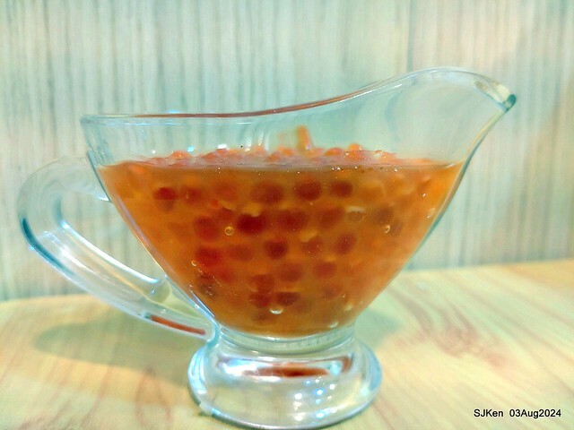 Braised Rice with Pork and Soy Sauce, Shrimp, Scallops and salmon roe of restaurant at East door market,  Hsinchu city, North Taiwan, SJKen  , Aug 3, 2024.