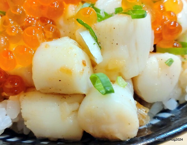 Braised Rice with Pork and Soy Sauce, Shrimp, Scallops and salmon roe of restaurant at East door market,  Hsinchu city, North Taiwan, SJKen  , Aug 3, 2024.