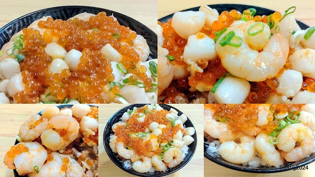 Braised Rice with Pork and Soy Sauce, Shrimp, Scallops and salmon roe of restaurant at East door market,  Hsinchu city, North Taiwan, SJKen  , Aug 3, 2024.