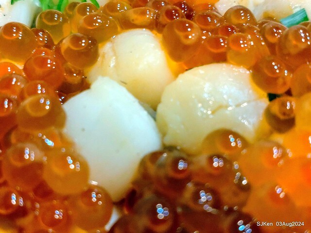 Braised Rice with Pork and Soy Sauce, Shrimp, Scallops and salmon roe of restaurant at East door market,  Hsinchu city, North Taiwan, SJKen  , Aug 3, 2024.