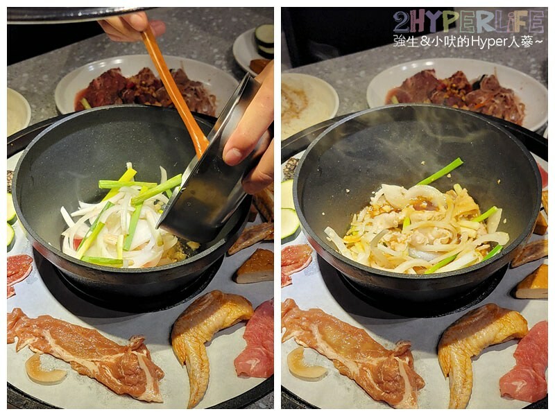 結合火鍋和烤肉雙重享受，自助吧牛雞豬選擇齊全，炸物熟食枝仔冰飲料吃到飽～