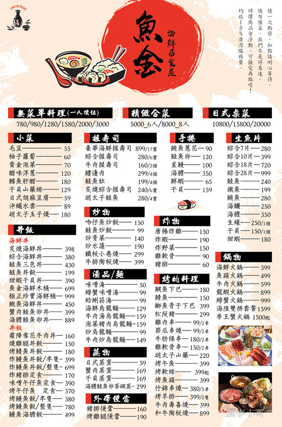 桃園中壢日式料理-魚金海鮮居食屋，中壢圖書館附近巷弄裡的平價日式料理～除了有豪邁的整尾炸鰻魚丼飯跟海鮮木桶，又可以單點可合菜也有無菜單料理呢。（邀約 @圍事小哥的幸福相框
