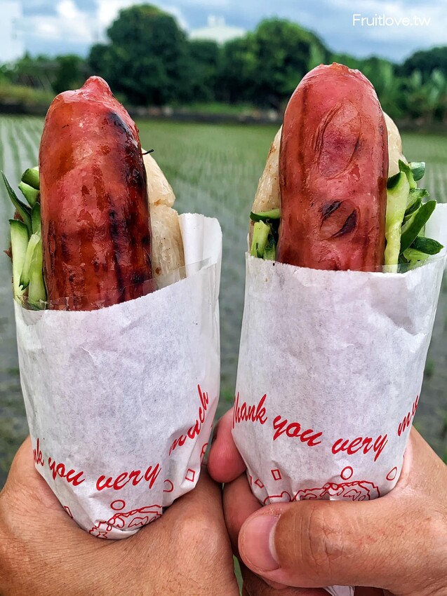 曾家噴水香腸-草屯美食⟩中投公路旁美食小吃 • 炭烤大腸包小腸，配上自製豆豉菜餔跟小黃瓜，很香很好吃 @果果愛Fruitlove