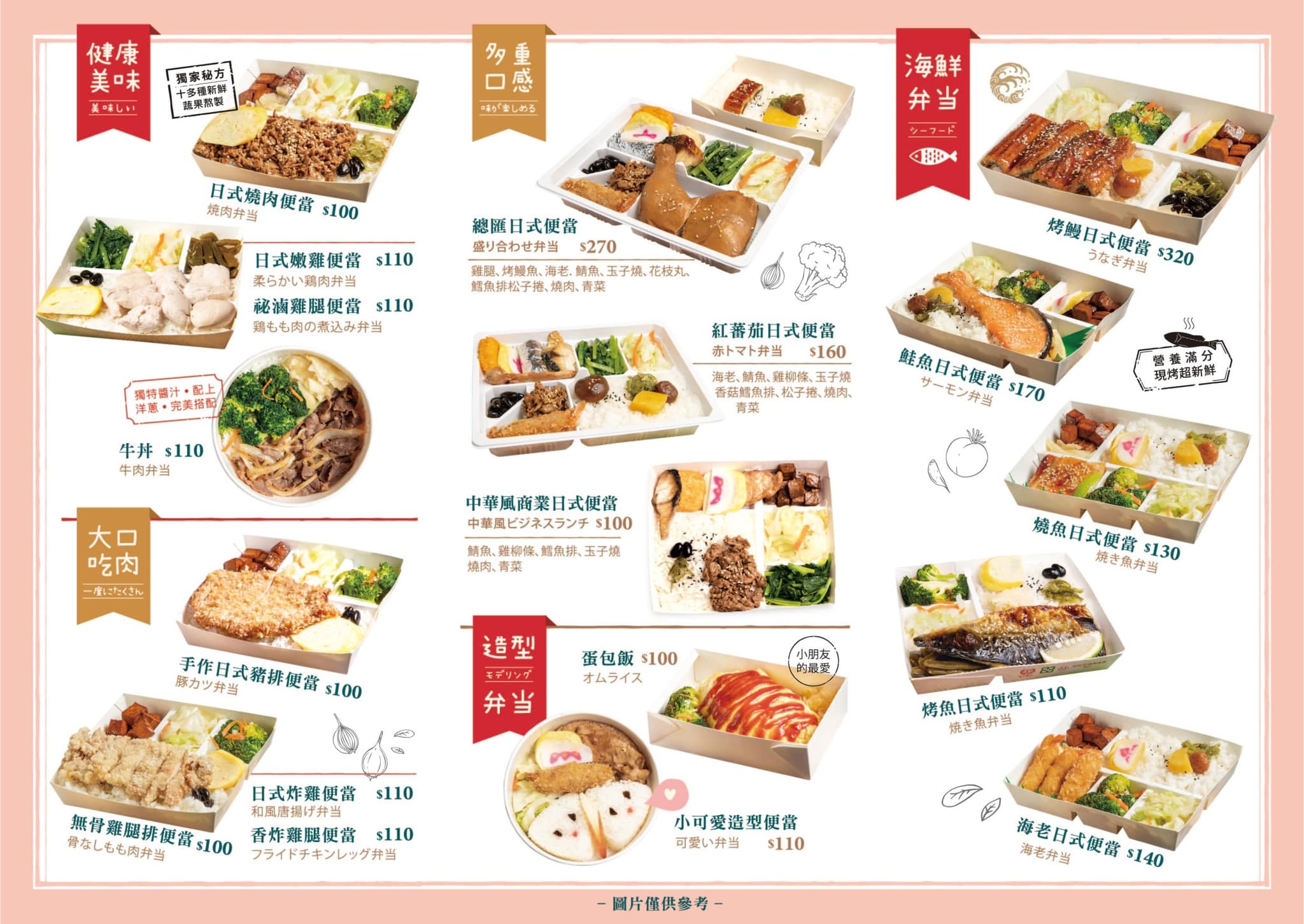 紅蕃茄日式便當多元菜單,包含大口吃肉、健康美味、多重口味等分類 紅蕃茄日式便當的豐富菜單,圖文並茂地展示多種便當選擇,包含日式豬排、香炸雞腿、日式嫩雞等,讓顧客能直觀地選擇喜歡的餐點,菜單設計簡潔清晰。