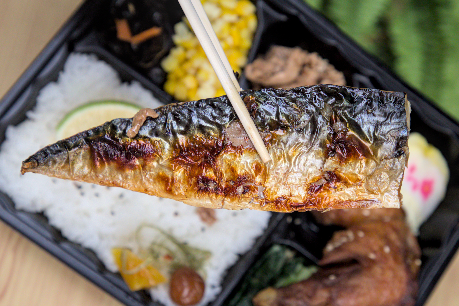 紅蕃茄便當,清爽不膩口的薄鹽烤鯖魚 紅蕃茄250元三拼便當中的薄鹽鯖魚特寫,烤得金黃酥脆的魚皮與鮮嫩的魚肉,肉質扎實細緻,以薄鹽處理方式,顛覆傳統便當魚的重鹹印象,清爽無負擔。