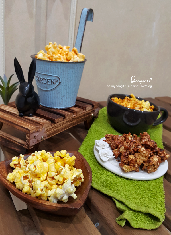米樂繽紛爆米花，史努比罐的原味爆米花，幾米星空兔的黃巧達起司爆米花，月兔派對橘罐的巧克力爆米花，森林哈妮鹿的焦糖爆米花