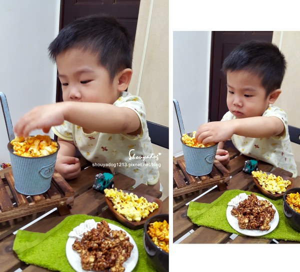 米樂繽紛爆米花，史努比罐的原味爆米花，幾米星空兔的黃巧達起司爆米花，月兔派對橘罐的巧克力爆米花，森林哈妮鹿的焦糖爆米花