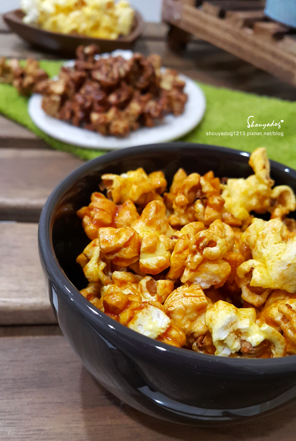 米樂繽紛爆米花，史努比罐的原味爆米花，幾米星空兔的黃巧達起司爆米花，月兔派對橘罐的巧克力爆米花，森林哈妮鹿的焦糖爆米花