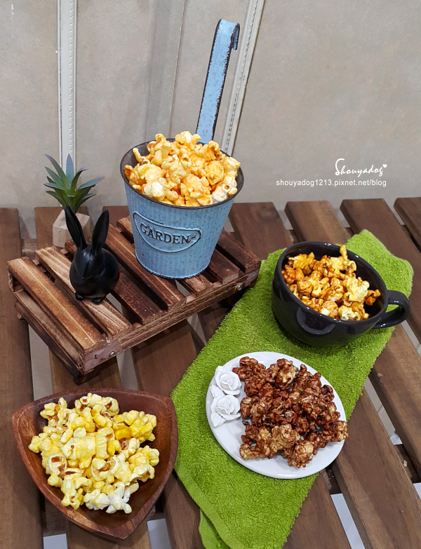米樂繽紛爆米花，史努比罐的原味爆米花，幾米星空兔的黃巧達起司爆米花，月兔派對橘罐的巧克力爆米花，森林哈妮鹿的焦糖爆米花