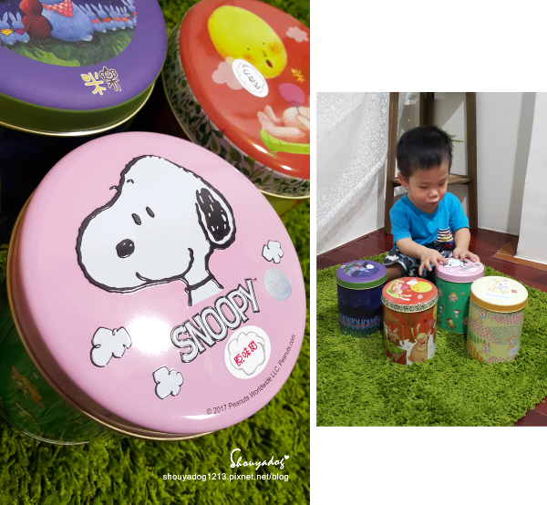 米樂繽紛爆米花，史努比罐的原味爆米花，幾米星空兔的黃巧達起司爆米花，月兔派對橘罐的巧克力爆米花，森林哈妮鹿的焦糖爆米花