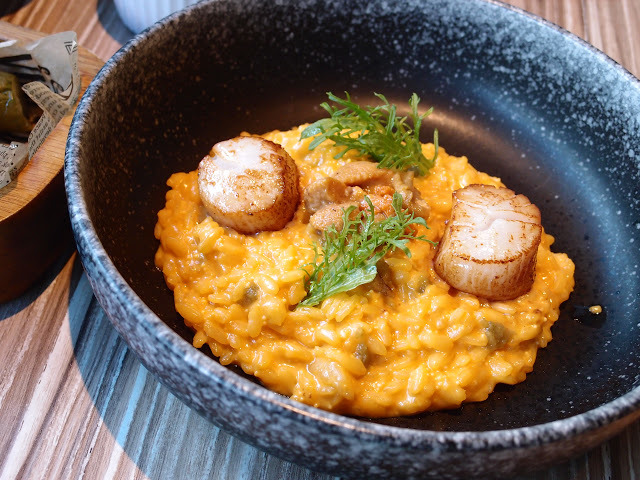 台北 ALLEZ BISTRO來酒館 午餐菜單 法國里昂花園沙拉 炸雞軟骨 薯條 綜合海鮮 墨魚 番紅花 炸雞 海膽燉飯嫩煎北海道干貝 焦糖布丁