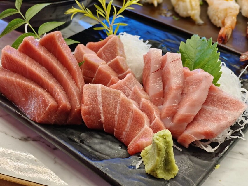 【屏東.東港】華僑市場228攤寵物友善。王匠黑鮪魚生魚片+海膽+比目魚壽司+金三角+上腹黑鮪魚超美味