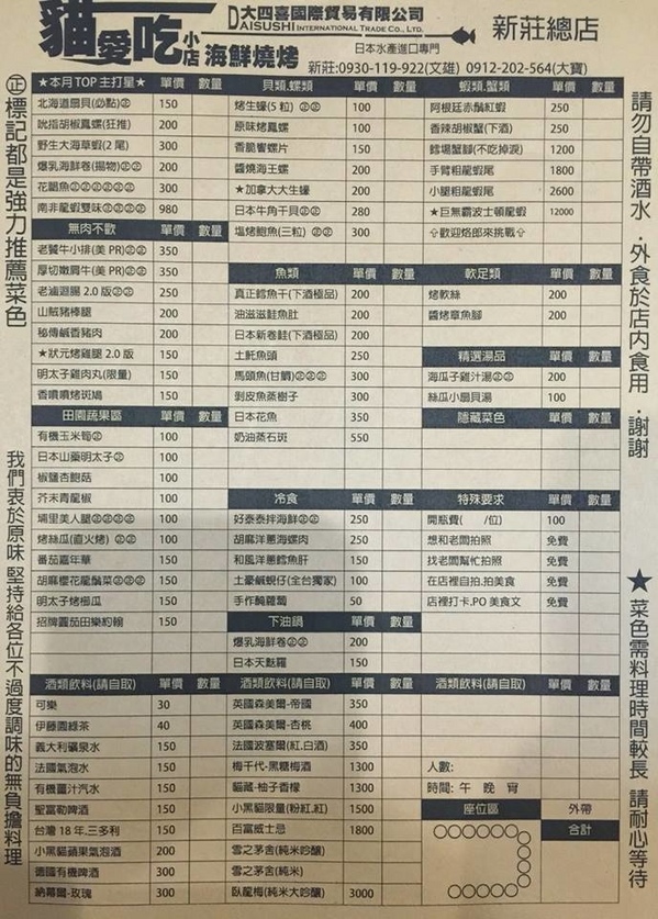 貓愛吃小店海鮮燒烤：[食記]►新北市新莊區◄用最新鮮的食材，最原始的美味－貓愛吃小店海鮮燒烤