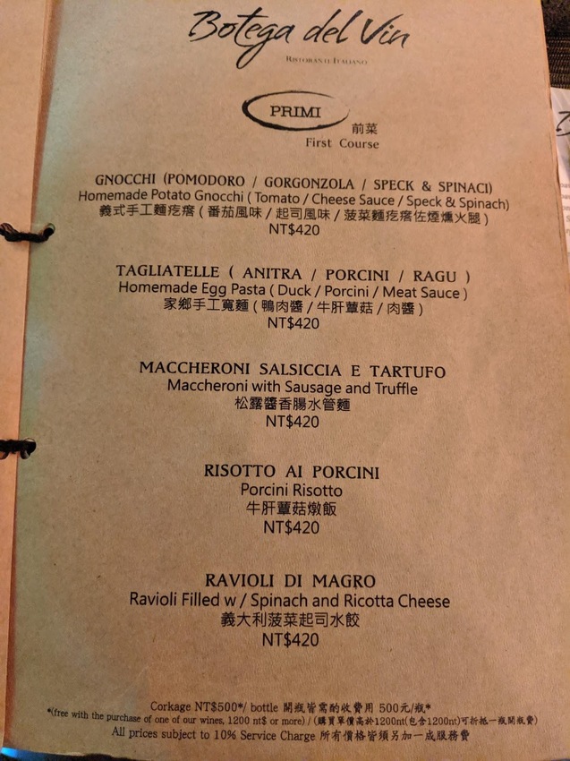 Botega del Vin 菜單