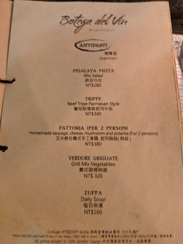 Botega del Vin 菜單