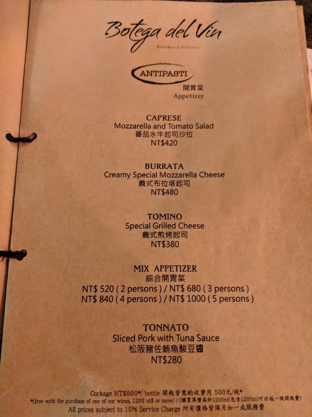 Botega del Vin 菜單