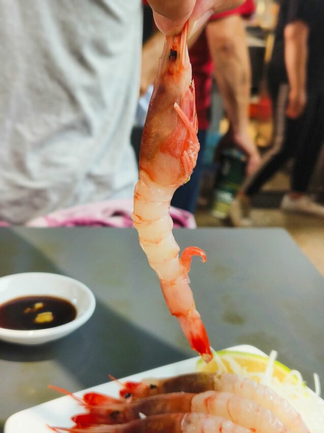 (東港美食)位於華僑市場內-東港曾鮮黑鮪魚專賣店，肥美的甜蝦，入口即化的炙燒比目魚鰭邊肉