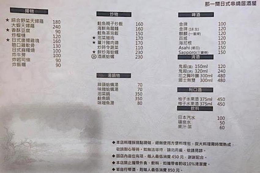 那一間串燒日式居酒屋菜單